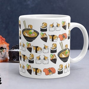 BEAGLE MUG: Funny Chubby Beagle Sushi Art on White Glossy Ceramic Mug. Kawaii Art By Bark&Run!