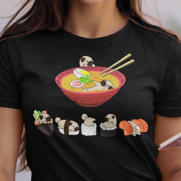 MOPS SHIRT, 100% Baumwolle, Unisex. Sushi und Ramen Chubby Art Kunst von Mops Hund, Kawaii Kunst von Bark&Run !!