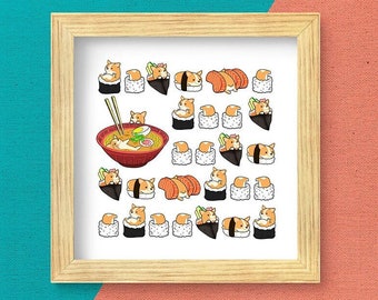 CORGI POSTER: Chubby Pembroke Welsh Corgi SUSHI Art on Museum-quality Posters, Kawaii Art by Bark&Run!