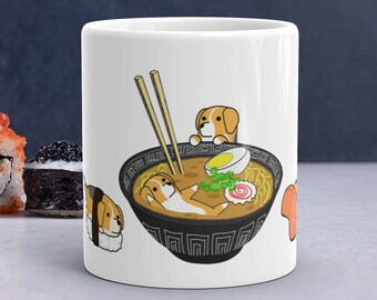 BEAGLE MUG: Chubby Beagle Sushi Art on White Glossy Ceramic Coffee Mug. Kawaii Art By Bark&Run!