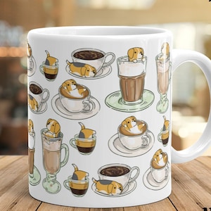 BEAGLE COFFEE MUG: Chubby Beagle Pattern Art on White Glossy Ceramic Coffee Mug, Kawaii Art By Bark&Run!