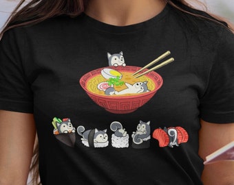 HUSKY SHIRT, 100% COTTON. Unisex, Funny Sushi and Ramen Chubby Style Art of Siberian Husky Dog, Kawaii Art.