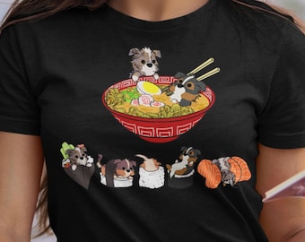 AUSTRALIAN SHEPHERD Shirt, 100% Cotton, UNISEX. Funny Sushi and Ramen Chubby Style Art of Australian Shepherd Dog, Kawaii Art by Bark&Run!