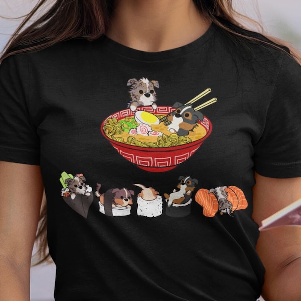 Camisa PASTOR AUSTRALIANO, 100% Algodón, UNISEX. ¡Arte divertido estilo gordito de sushi y ramen del perro pastor australiano, arte kawaii de Bark&Run!