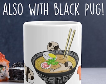 PUG MUG: Chubby Pug Sushi Art on White Glossy Ceramic Coffee Mug. Kawaii Art By Bark&Run!
