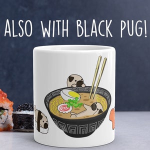 PUG MUG: Chubby Pug Sushi Art on White Glossy Ceramic Coffee Mug. Kawaii Art By Bark&Run!