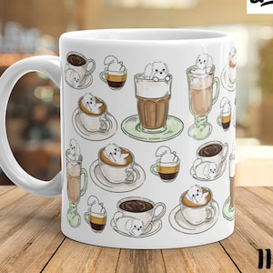 MALTESE MUG: Chubby Maltese COFFEE Pattern Art on White Glossy Ceramic Mug, Kawaii Art By Bark&Run!
