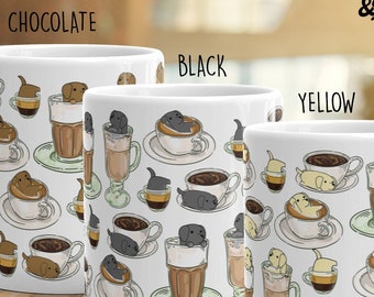 LABRADOR MUG: Chubby Labrador Retriever Coffee Pattren Art on Coffee Mug. Yellow Lab, Chocolate Lab, Black Lab. Kawaii Art By Bark&Run!