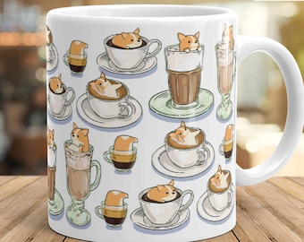 CORGI MUG: Chubby Pembroke Welsh Corgi COFFEE Pattern Art on White Glossy Ceramic Mug, Kawaii Art By Bark&Run!