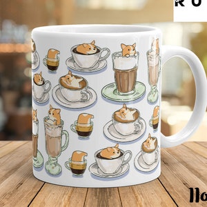 CORGI MUG: Chubby Pembroke Welsh Corgi COFFEE Pattern Art on White Glossy Ceramic Mug, Kawaii Art By Bark&Run!