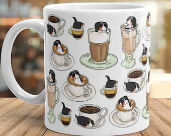 BERNERSMUGG: Knubbig Berner Sennenhund Mönsterkonst på Vit Glansig Keramisk Mugg, Kawaii Konst Av Bark&Run