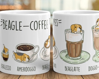 BEAGLE MUG: Chubby Beagle Art on White Glossy Ceramic Coffee Mug, Kawaii Art By Bark&Run!