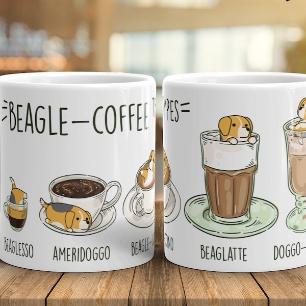 BEAGLE MUG: Chubby Beagle Art on White Glossy Ceramic Coffee Mug, Kawaii Art By Bark&Run!