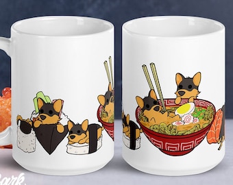 GERMAN SHEPHERD MUG: Chubby German Shepherd Sushi Art on White Glossy Ceramic Coffee Mug. Kawaii Art By Bark&Run!