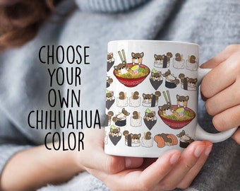 CHIHUAHUA LONG-HAIRED Mug: Funny Chubby Long-Haired Chihuahua Sushi Art on White Glossy Ceramic Mug. Kawaii Art By Bark&Run!