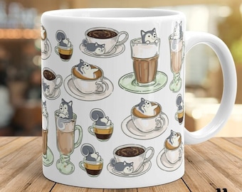 HUSKY COFFEE MUG: Husky Coffee Art on White Glossy Ceramic Mug, Kawaii Art By Bark&Run!