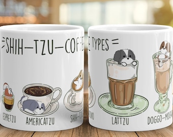 SHIH TZU MUG: Chubby Shih Tzu Dog Coffee Art on White Glossy Ceramic Mug, Kawaii Art By Bark&Run