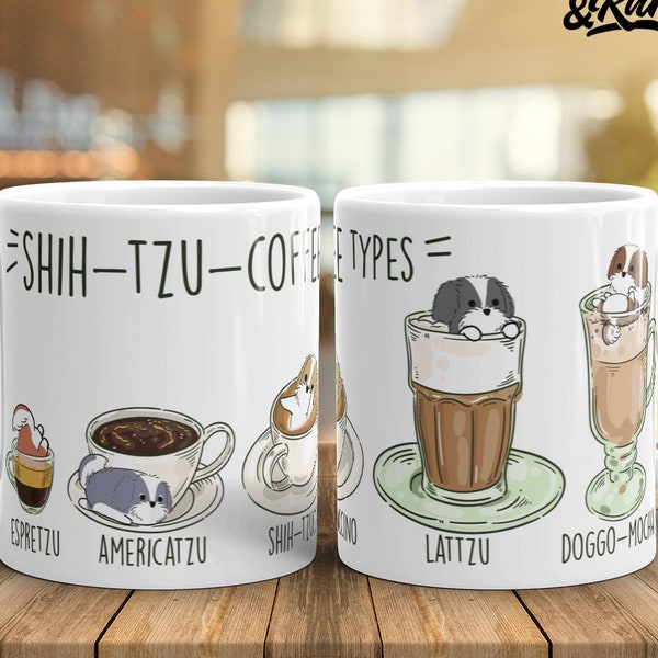 SHIH TZU MUG: Chubby Shih Tzu Dog Coffee Art on White Glossy Ceramic Mug, Kawaii Art By Bark&Run