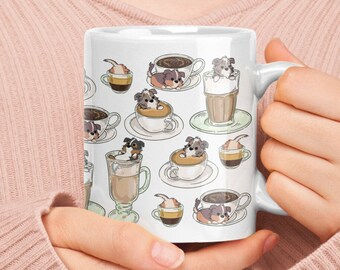AUSTRALIAN SHEPHERD COFFEE Mug: Chubby Aussie Shepherd Coffee Pattern Art on White Glossy Ceramic Mug, Kawaii Art By Bark&Run!