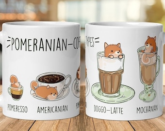 POMERANIAN COFFEE MUG: Pomeranian coffee Art on White Glossy Ceramic Mug, Kawaii Art By Bark&Run!