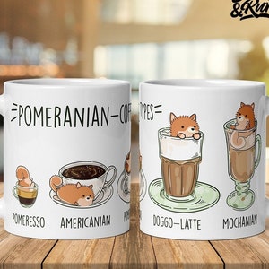 TAZA DE CAFÉ POMERANIAN: Arte del café Pomeranian en una taza de cerámica blanca brillante, arte Kawaii de Bark&Run.