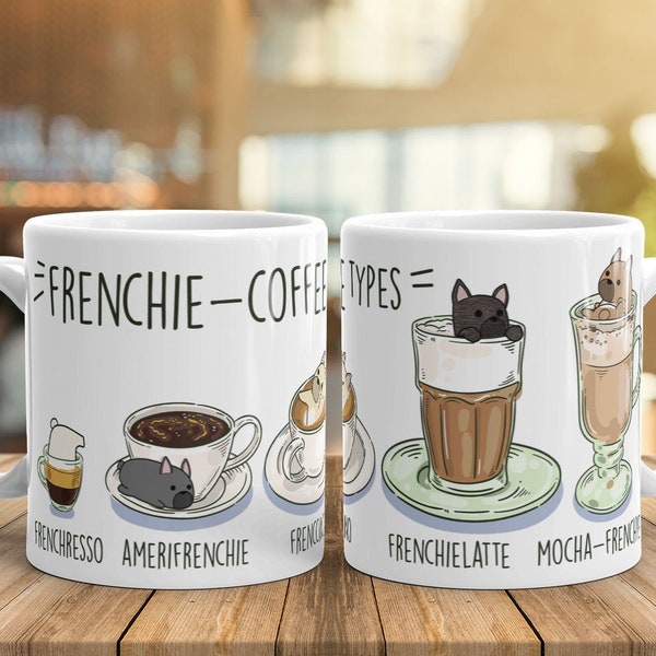 FRENCHIE MUG: Chubby French Bulldog COFFEE Art on White Glossy Ceramic Mug, Kawaii Art By Bark&Run!