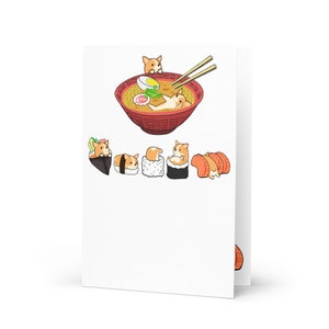 Carte de voeux CORGI SUSHI, carte d'anniversaire, carte postale. Pembroke Welsh Corgi Kawaii Art sur carton épais 350 g/m2.