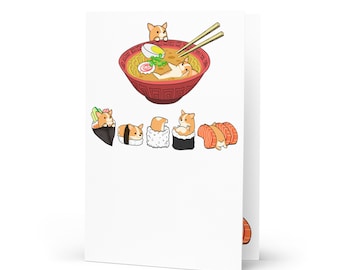 CORGI SUSHI Greeting card, Birthday Card, Postcard. Pembroke Welsh Corgi Kawaii Art on Thick 350 g/m2 Paperboard.