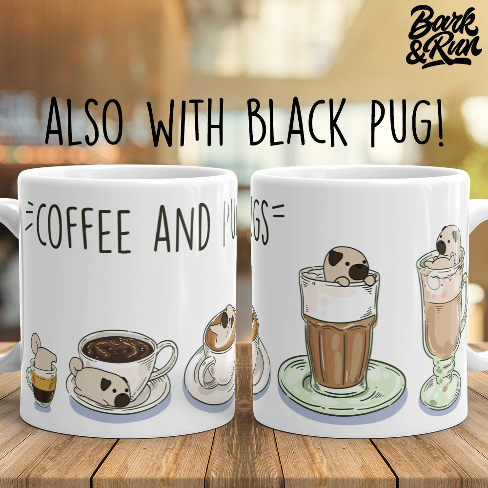 PUG MUG: Chubby Pug Art on White Glossy Ceramic Coffee Mug, Kawaii Art By Bark&Run!