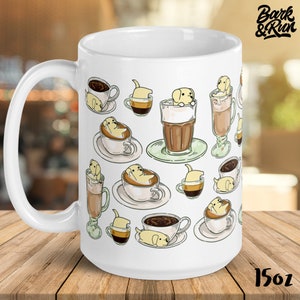 May include: White ceramic coffee mug with a 15oz capacity. The mug features a repeating pattern of cartoon dogs in coffee cups and glasses of coffee. The text "Bark & Run" is printed in the top right corner.