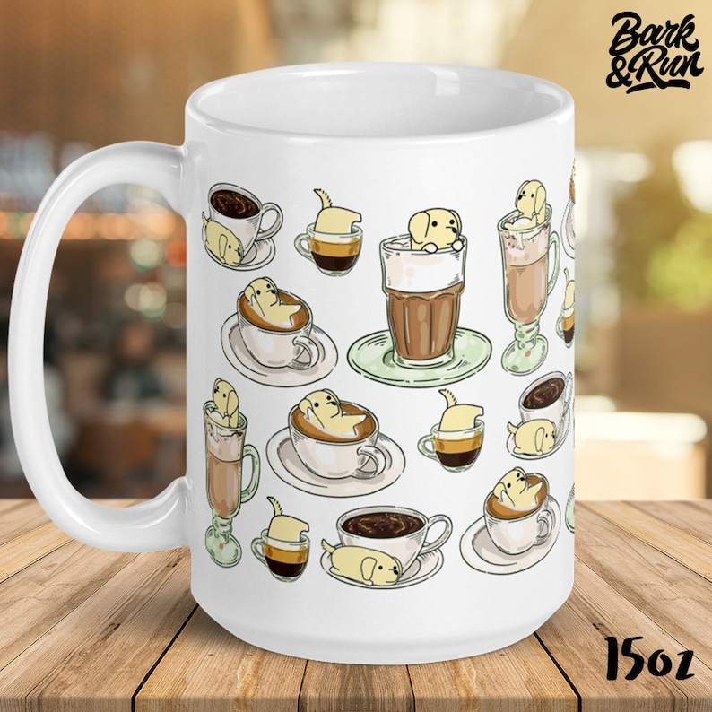 May include: White ceramic coffee mug with a 15oz capacity. The mug features a repeating pattern of cartoon dogs in coffee cups and glasses of coffee. The text "Bark & Run" is printed in the top right corner.