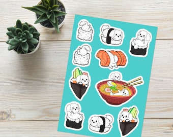 MALTESE STICKERS: Maltese Sushi Sticker Sheet, 10 Decals, Sticker Pack for Maltese Dog Lovers