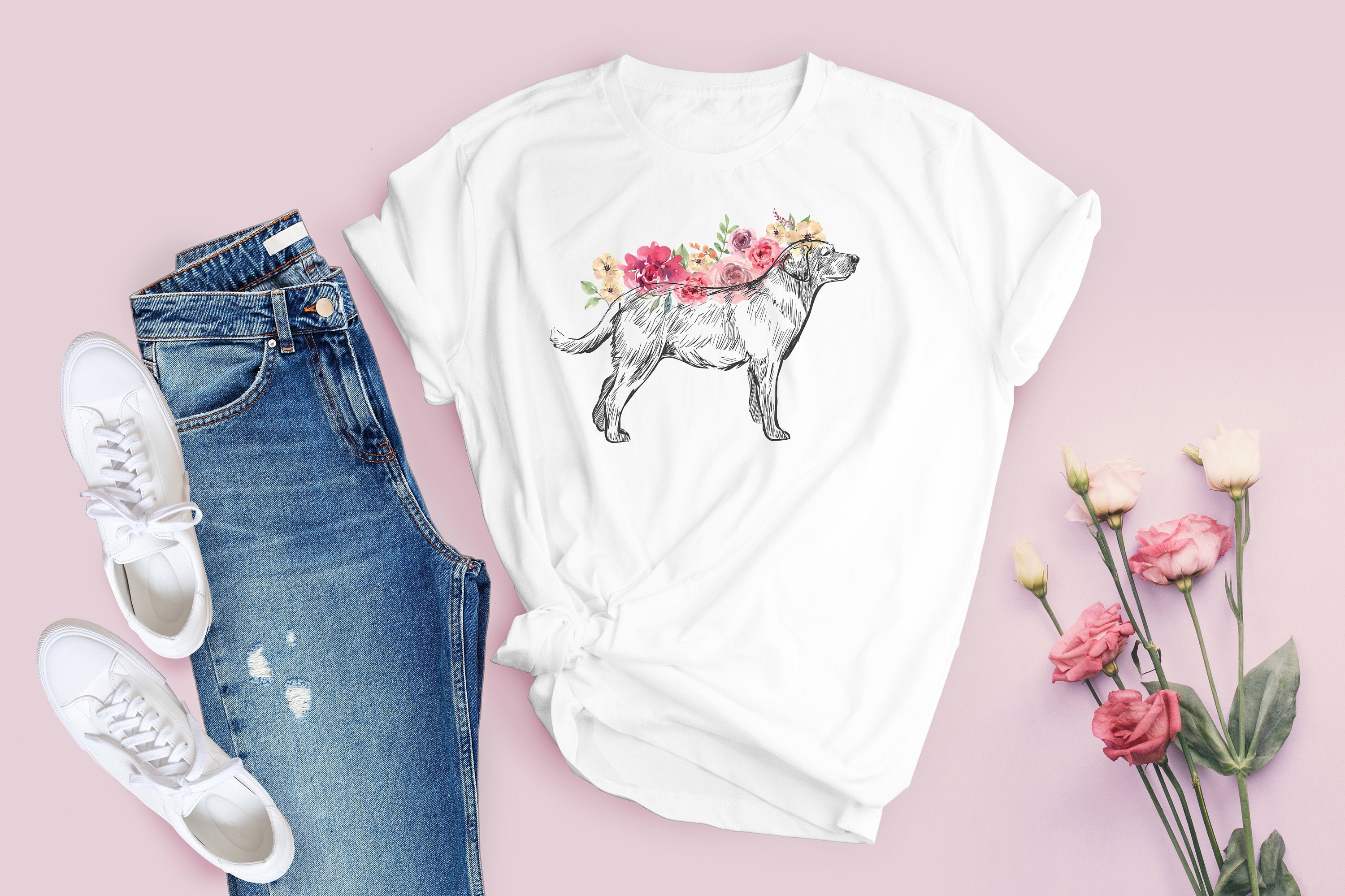 Labrador Retriever Shirt, a Women's T-Shirt, Floral Sketched Labrador Retriever Art
