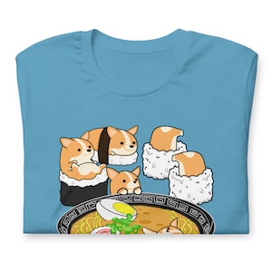 CORGI SHIRT, 100% Cotton, UNISEX. Funny Sushi and Ramen Chubby Style Art of Pembroke Welsh Corgi Dog, Kawaii Art.