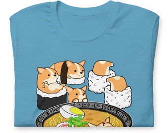 CORGI SHIRT, 100% Cotton, UNISEX. Funny Sushi and Ramen Chubby Style Art of Pembroke Welsh Corgi Dog, Kawaii Art.