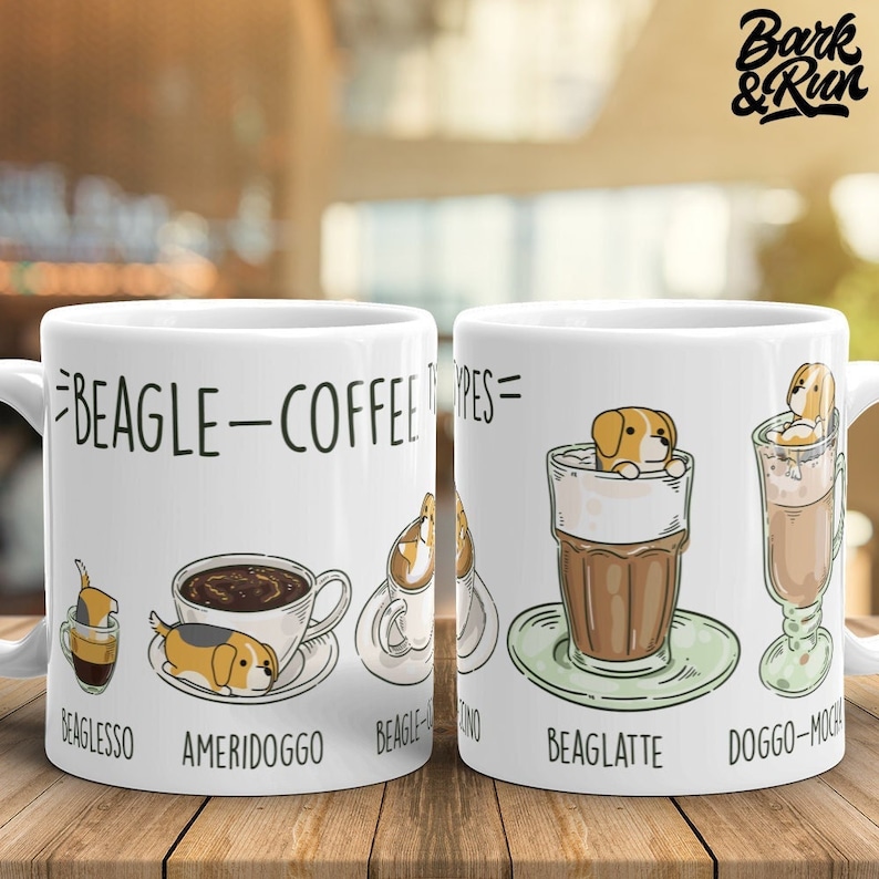 BEAGLE MUG: Chubby Beagle Art on White Glossy Ceramic Coffee Mug, Kawaii Art By Bark&Run image 1