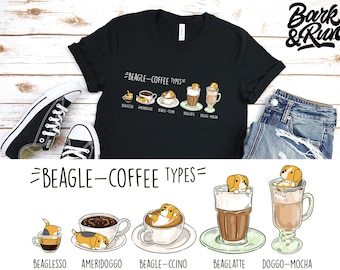 BEAGLEE COFFEE SHIRT Unisex. Chubby Style Art of Beagle, Kawaii Coffee Art by Bark&Run!