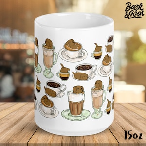 May include: White ceramic coffee mug with a design of brown dogs in various coffee cups and mugs. The mug has the text "Bark & Run" and "15oz" printed on it.