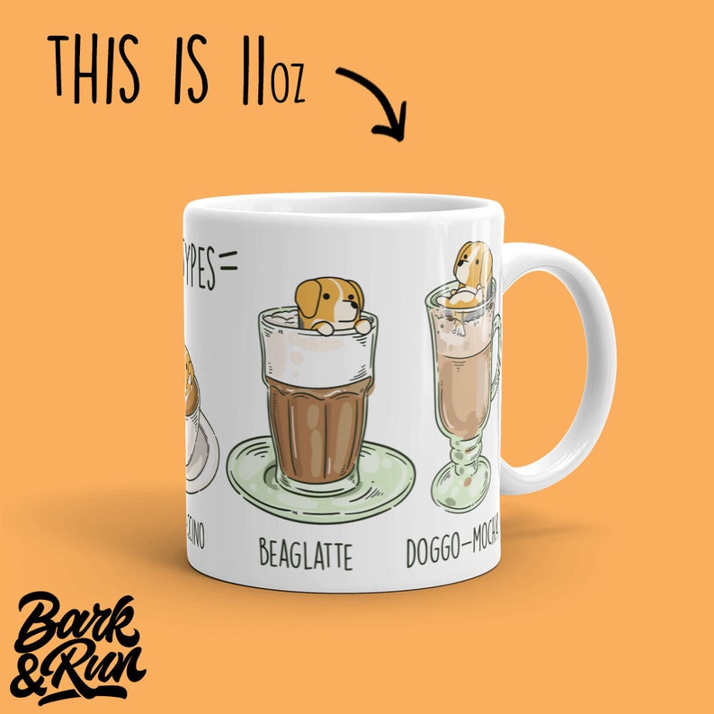 BEAGLE MUG: Chubby Beagle Art on White Glossy Ceramic Coffee Mug, Kawaii Art By Bark&Run image 2