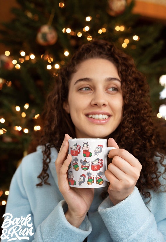 HUSKY CHRISTMAS MUG: Chubby Husky Dog Christmas Art on White Glossy Ceramic Mug, Kawaii Design by Bark&Run!