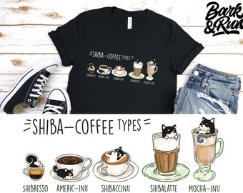 Black Shiba Inu Shirt, 100% Cotton, Unisex. Chubby Style Art of Black Shiba Inu, Kawaii Coffee Art by Bark&Run!