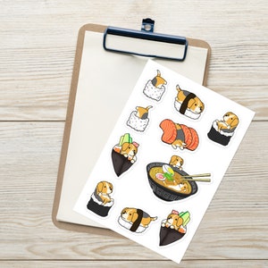 May include: A set of 10 stickers featuring a beagle dog in various poses, including eating ramen, sitting in a sushi roll, and holding a piece of sushi. The stickers are printed on white paper with a glossy finish.