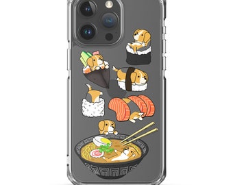 BEAGLE iPHONE CASE, Funny Sushi Chubby Style Illustrations of a Beagle Dog on Premium Transparent Phone Case