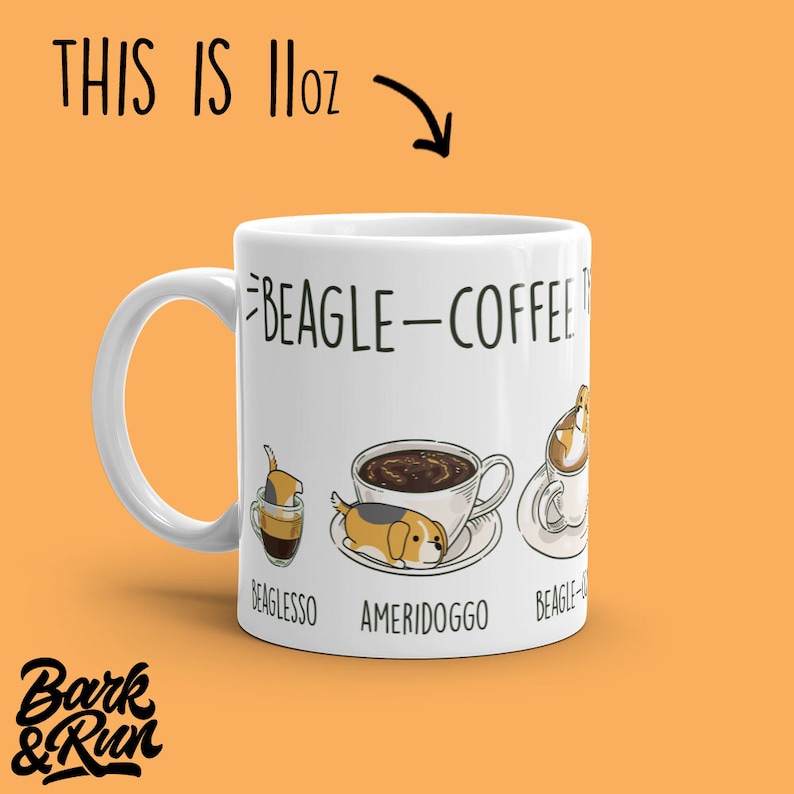 BEAGLE MUG: Chubby Beagle Art on White Glossy Ceramic Coffee Mug, Kawaii Art By Bark&Run 11 Fluid ounces