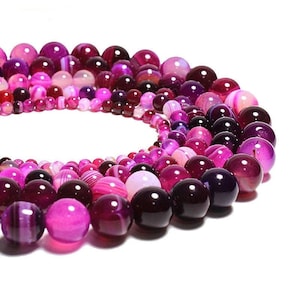 Purple Pink Stripe Agate Beads: Natural Stone Jewelry DIY - 15&#39;&#39; Strand