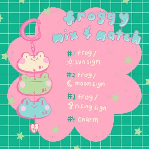 Könnte beinhalten: Eine rosa Wolke mit dem Text "froggy mix & match" und vier Frosch-Anhänger, die an einem Schlüsselring hängen. Die Anhänger sind von 1 bis 4 nummeriert und jeder Anhänger hat ein anderes astrologisches Symbol: Sonne, Mond, Aszendent und Charm.