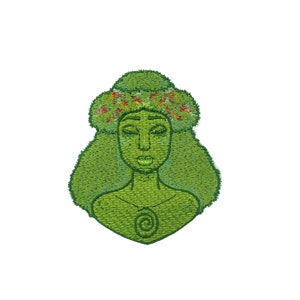 May include: Embroidered patch of a woman with green hair and a flower crown. She is wearing a green necklace with a swirl design.