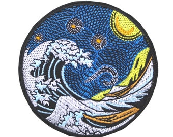 Night Wave Embroidered Iron On Patch: Jacket Accessory