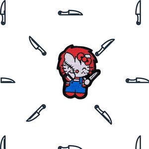 May include: A red and white cartoon character holding a knife, resembling Hello Kitty, is surrounded by white knives. The character is wearing a blue and white outfit.