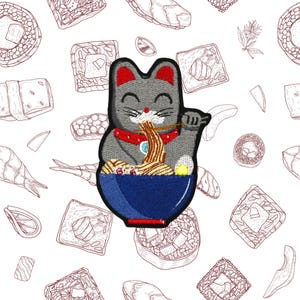 Ramen Cat Iron On Patch, Iron On Patch, Cat, Ramen, Humor, Embroidery, Embroidery Patch, Patch, Embellishment, Accessory, Fashion